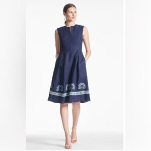 Sachin + Babi Christina Dress Linen Embroidered Navy Blue Midi Size 4